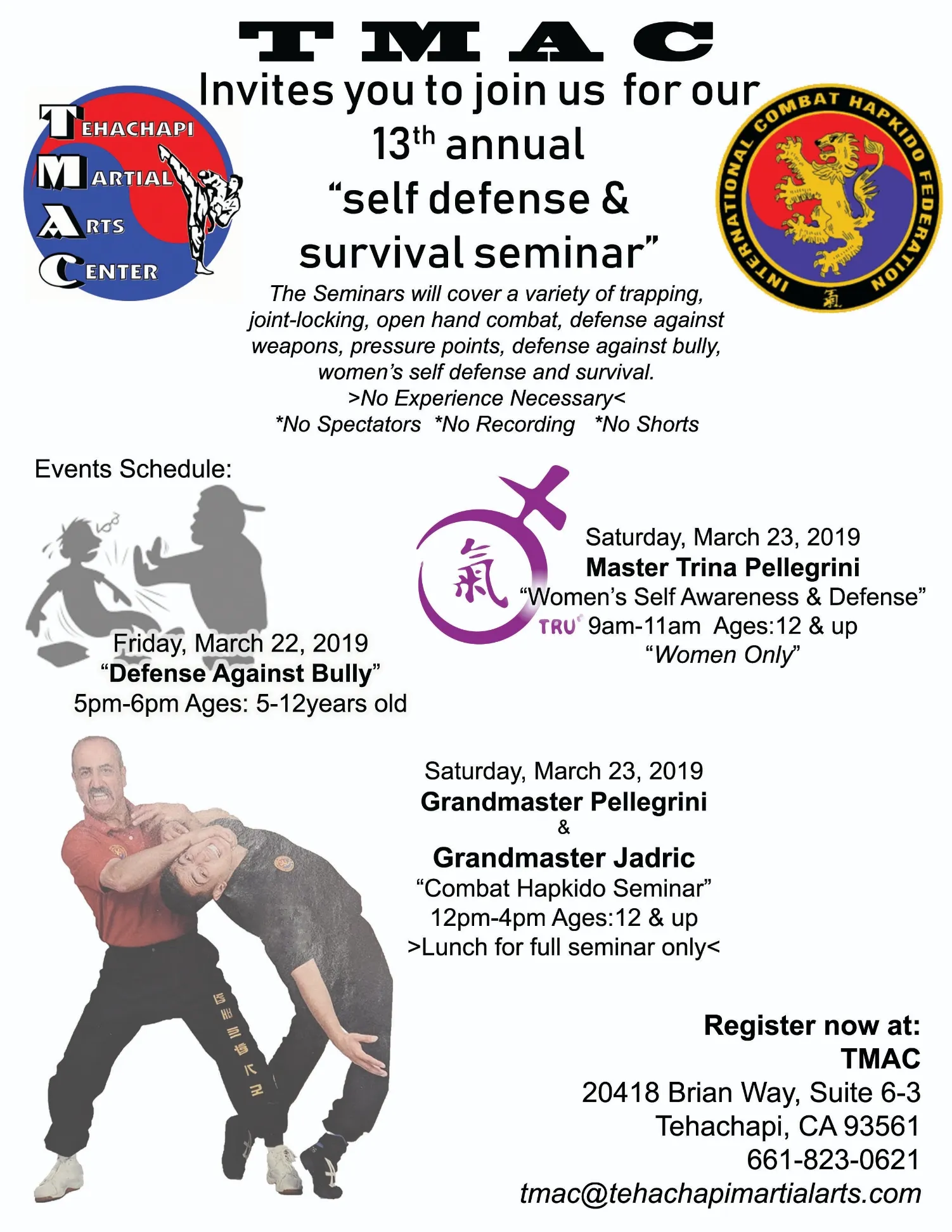 Flyer inviting the public to the 13th annual self defense and survival seminar at TMAC, March 22 and 23, 2019.