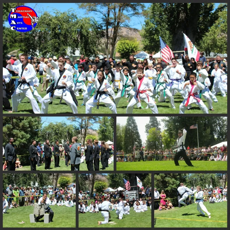 TMAC students in white uniforms performing a demonstration outdoors at the Tehachapi Mountain Festival.