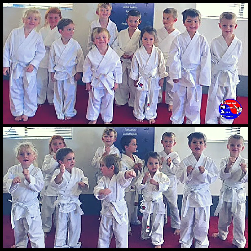 Young Kick Start students in white uniforms, standing in line and then in fighting stances.