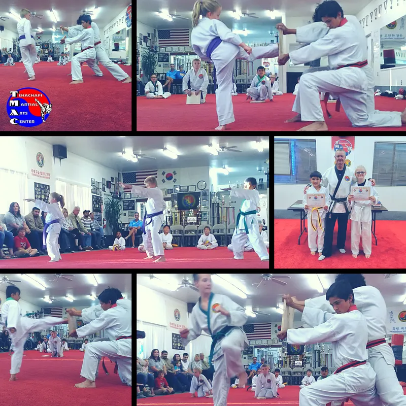 A collage of Tae Kwon Do students testing at TMAC in October 2017, with kicks, board breaking and sparring.